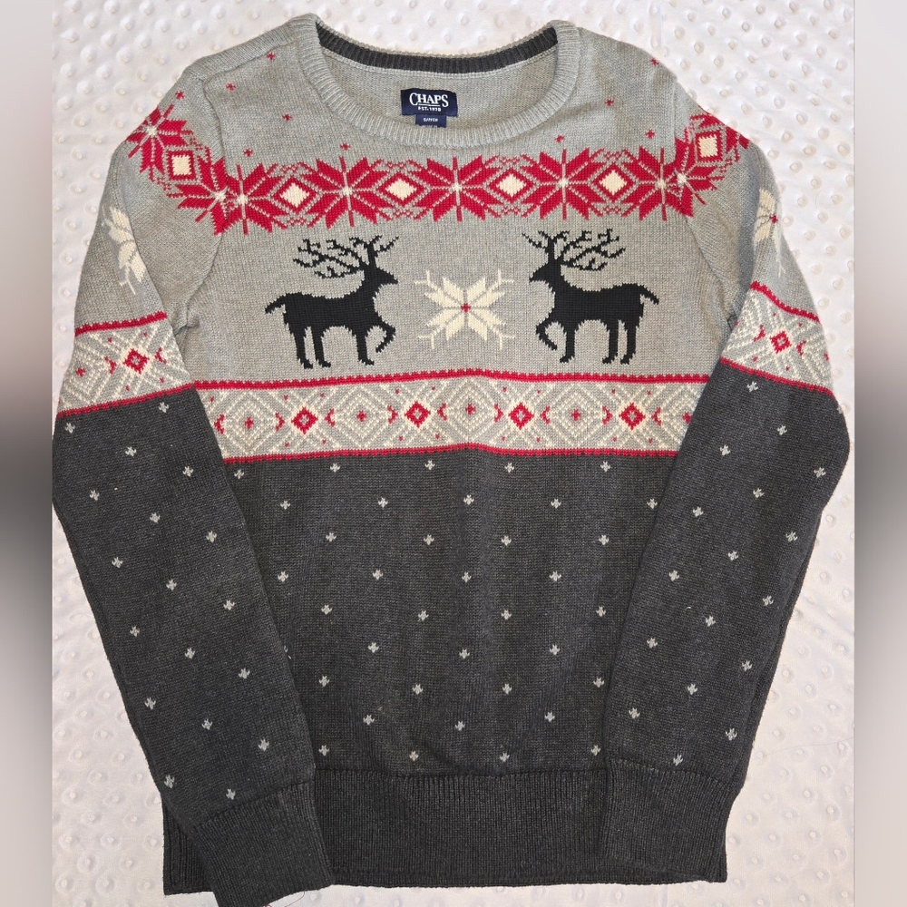 Chaps Men Gray Fair Isle Christmas Sweater Deer Reindeer Graphics Holiday Size S